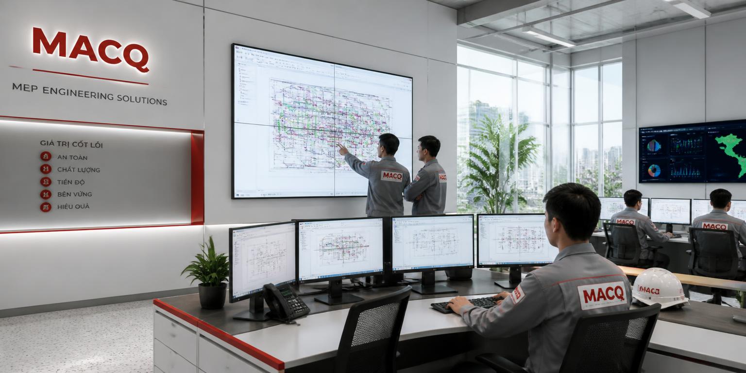 Đội ngũ kỹ sư MACQ tại văn phòng điều khiển hệ thống MEP